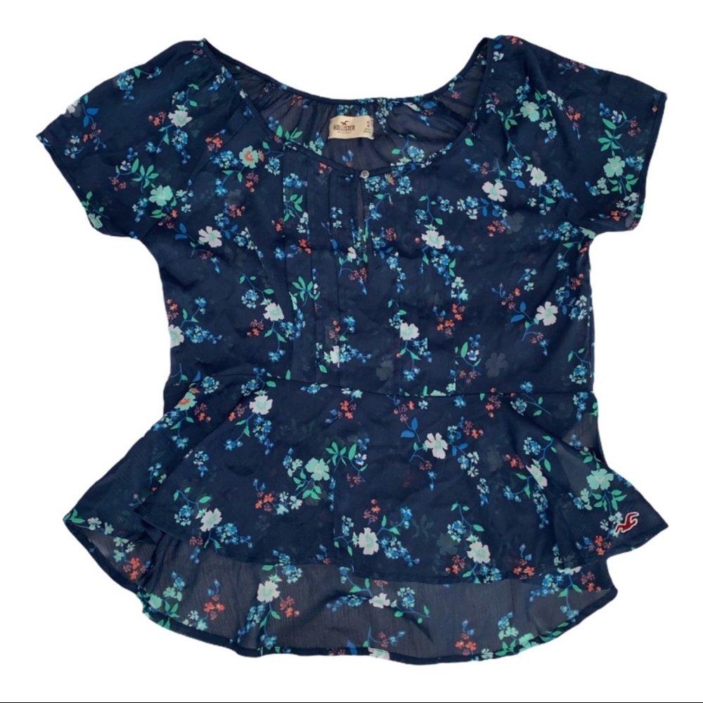 HOLLISTER Blue Floral A-Line Ruffled Peplum Hem Top - Like New, Size Sma…